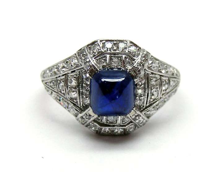 Art Deco cabochon sapphire and diamond ring, c.1915